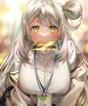  1girl badge blonde_hair blue_archive blush breasts credit_card green_eyes highres large_breasts long_hair mouth_hold nonomi_(blue_archive) shirt signature white_shirt yunchunpil 