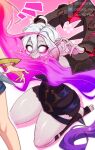  2girls ahoge artist_name blonde_hair blush breasts briar_(league_of_legends) chained_wrists colored_sclera feet_out_of_frame grey_eyes grey_hair hair_between_eyes hands_up league_of_legends medium_breasts medium_hair multicolored_hair multiple_girls notice_lines odeko_yma pink_background pink_hair pink_sclera seiza sharp_teeth shorts sitting solo_focus standing teeth thick_thighs thighs toeless_footwear two-tone_hair zoe_(league_of_legends) 