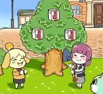  3girls alcohol_carton animal_crossing animal_ears black_skirt bocchi_the_rock! cardigan closed_eyes crossover dog_ears dress drunk gameplay_mechanics grass green_dress hiroi_kikuri holding holding_shovel isabelle_(animal_crossing) jacket letterman_jacket multiple_girls purple_hair sandals sasha_(animal_crossing) shovel skirt smile torako_(toramaru) tree yellow_cardigan 