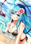  absurdres ahoge bare_shoulders beach bikini black_bikini blue_eyes blue_hair blue_haired_devil_girl_(ryopa) blush breasts cleavage collarbone demon_tail finger_to_cheek flower hair_between_eyes hair_flower hair_ornament highres huge_ahoge large_breasts leaning_forward long_hair ocean original pink_flower polka_dot polka_dot_bikini ryopa shore side-tie_bikini_bottom signature sparkle swimsuit tail thigh_gap two-tone_bikini water 