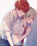  2boys amagi_hiiro blonde_hair blush closed_eyes closed_mouth collared_shirt commentary_request cowboy_shot ensemble_stars! green_eyes hands_up male_focus mma_runn multiple_boys open_mouth pants partial_commentary plaid plaid_pants red_hair school_uniform shiratori_aira_(ensemble_stars!) shirt short_hair short_sleeves sweat two-tone_necktie white_shirt yaoi 