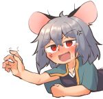  1girl anger_vein animal_ears blue_capelet blush capelet clenched_hand commentary_request greenpiecerice grey_hair grey_vest lying medium_bangs medium_hair mouse_ears mouse_girl nazrin nose_blush on_stomach open_mouth reaching red_eyes shirt simple_background solo touhou upper_body vest white_background white_shirt 