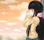  1girl blunt_bangs breath breathing_on_hands brown_sweater building cloud cloudy_sky cold commentary_request from_side grey_eyes grey_serafuku grey_skirt hands_up hime_cut himegami_aisa light_blush long_hair long_sleeves orange_sky outdoors own_hands_together parted_lips pink_scarf pleated_skirt scarf school_uniform serafuku shin_(highest1192) sidelocks skirt sky solo sweater toaru_majutsu_no_index upper_body very_long_hair winter winter_clothes 