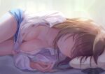  1girl absurdres admire_vega_(umamusume) alternate_costume animal_ears bed blue_shorts blurry blurry_background breasts brown_hair cleavage closed_eyes closed_mouth collared_shirt highres horse_ears long_hair long_sleeves lying on_bed on_side partially_unbuttoned pillow shirt short_shorts shorts sleeping small_breasts solo umamusume white_shirt yonemochi_yume 