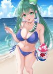  1girl beach bikini blue_bikini blue_sky breasts cleavage cloud commentary erisauria feet_out_of_frame food frog_hair_ornament green_eyes green_hair groin hair_ornament hair_tubes highres holding holding_spoon horizon kochiya_sanae large_breasts long_hair looking_at_viewer navel outdoors shaved_ice sky snake_hair_ornament solo spoon swimsuit thighhighs tongue tongue_out touhou 