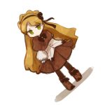  1girl blonde_hair boots braid brown_capelet brown_footwear brown_hairband brown_pantyhose brown_ribbon brown_skirt capelet closed_mouth commentary_request crown_braid full_body green_eyes hairband lobotomy_corporation long_hair long_sleeves neck_ribbon no_nose no_sclera nonga pantyhose pleated_skirt project_moon ribbon shirt skirt solo tiphereth_a_(project_moon) white_shirt 