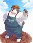  2023 absurd_res anthro belly big_belly blush canid canine canis clothing cloud cute_fangs detailed_background domestic_dog grey_body hat headgear headwear hi_res humanoid_hands kemono male mammal outside overalls overweight overweight_male shirt solo topwear yukimushi6 