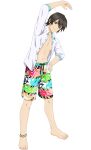  1boy anklet barefoot black_hair english_commentary full_moon hair_between_eyes hand_on_own_hip highres jewelry jude_mathis male_focus male_swimwear moon navel official_art open_clothes open_shirt shorts smile swim_trunks tales_of_(series) tales_of_asteria tales_of_xillia toenails toes transparent_background 