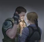  2boys artist_name bara black_gloves black_hair blue_shirt brown_hair bulletproof_vest chris_redfield cigarette dated facial_hair gloves green_shirt highres holding holding_lighter holding_phone leon_s._kennedy lighter looking_at_another male_focus multiple_boys muscular muscular_male phone resident_evil resident_evil_6 sgl08 shirt short_hair yaoi 