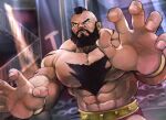  &gt;:( 1boy absurdres beard brown_hair chest_hair facial_hair fighting_stance highres j-u-n06 mohawk muscular muscular_male solo street_fighter topless_male v-shaped_eyebrows zangief 