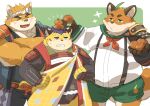  2023 anthro ayame42612 bottomwear canid canine canis clothing domestic_dog eyes_closed felid food fox fruit group iyo_(tamacolle) kemono male mammal musashi_(tamacolle) orange_(fruit) orange_body overweight overweight_male pantherine plant shirt shorts suspenders tamacolle tiger topwear yellow_body 