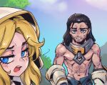  1boy 1girl abs annoyed black_hair blonde_hair blue_eyes blush clenched_teeth cloud collar day league_of_legends long_hair looking_at_another lux_(league_of_legends) metal_collar muscular muscular_male navel open_mouth outdoors pants phantom_ix_row sylas_(league_of_legends) teeth topless_male tree upper_teeth_only 