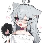  1girl ahoge animal_ears animal_hands bandages bandaid bandaid_on_face bandaid_on_nose collar fenrir_(fenriluuu) gloves grey_hair hair_ornament hairclip heart light_blush original paw_gloves red_collar red_eyes rir-chan spoken_heart tail towel wolf_ears wolf_girl wolf_tail 