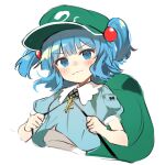  1girl aqua_shirt backpack bag blue_eyes blue_hair blush closed_mouth collared_shirt flat_cap green_headwear hair_bobbles hair_ornament hat highres jill_07km kawashiro_nitori key looking_at_viewer one-hour_drawing_challenge shirt short_hair short_sleeves simple_background solo touhou two_side_up upper_body white_background 