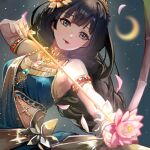  1girl armlet arrow_(projectile) black_hair blunt_bangs blurry blurry_background bow_(weapon) braid closed_mouth commentary_request crescent_moon flower gold_trim grey_eyes hair_flower hair_ornament holding holding_arrow holding_bow_(weapon) holding_weapon jewelry light_particles long_hair lotus moon necklace petals protagonist_2_(housamo) red_lips single_braid smile solo tass_commuovere tokyo_afterschool_summoners upper_body weapon 