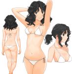  1girl amagami arms_up ass bikini black_eyes black_hair breasts closed_mouth commentary_request curly_hair from_behind highres looking_at_viewer medium_breasts messy_hair multiple_views navel parted_lips ribbon_bangs short_ponytail smile solo string_bikini swimsuit takemi_kaoru tanamachi_kaoru thighs wavy_hair white_background white_bikini 