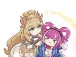  &gt;_&lt; 2girls blonde_hair blue_dress blunt_bangs bow butterfly_hair_ornament celine_(fire_emblem) cheek_poking closed_eyes closed_mouth crown detached_sleeves dress facial_mark fire_emblem fire_emblem_engage flower green_eyes hair_flower hair_ornament hair_rings heart heart_facial_mark hortensia_(fire_emblem) long_hair long_sleeves looking_at_another multiple_girls orange_bow pflglcht pink_hair poking puffy_long_sleeves puffy_sleeves red_flower red_rose rose smile tiara very_long_hair white_background wrist_bow yellow_dress 