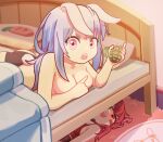  2girls animal_ears ass bare_shoulders black_panties blanket blue_hair breasts carpet carrot english_commentary explosive eyepatch grenade hair_ribbon highres hikimayu hololive houshou_marine long_hair lying medium_breasts multiple_girls nanachides on_bed on_stomach open_mouth panties pillow pink_eyes rabbit_ears rabbit_tail red_eyes red_hair ribbon smile tail teeth topless under_bed underwear upper_teeth_only usada_pekora virtual_youtuber 