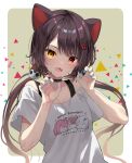  1girl ange_katrina animal_ears ariko_youichi blue_nails brown_hair dog_ears dog_hair_ornament fangs hair_ornament highres inui_toko lize_helesta low_twintails nijisanji off-shoulder_shirt off_shoulder open_mouth red_eyes shirt skin_fangs smile solo swept_bangs twintails virtual_youtuber 