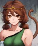  1girl absurdres bare_shoulders brown_eyes brown_hair circlet close-up closed_mouth collarbone dress green_dress highres long_hair looking_at_viewer monkey_girl monkey_tail pigsir13152 single_sleeve single_strap smile solo son_biten tail touhou twintails unfinished_dream_of_all_living_ghost white_sleeves 