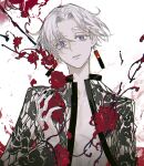  1boy absurdres black_jacket black_nails colored_eyelashes earrings flower hanafuda_earrings highres jacket jewelry kurokawa_izana looking_at_viewer male_focus open_clothes open_jacket parted_lips petals purple_eyes red_flower remsrar solo tokyo_revengers white_background white_hair 