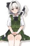  1girl black_bow black_bowtie black_eyes black_hairband bow bow_hairband bowtie closed_mouth collared_shirt commentary gominami green_skirt green_vest hair_bow hairband head_tilt highres invisible_chair konpaku_youmu looking_at_viewer shirt short_hair simple_background sitting skirt smile solo sword sword_on_back touhou vest weapon weapon_on_back white_background white_hair white_shirt 