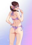  1girl alternate_costume ass bikini bracelet breasts brown_hair candy cowboy_shot d.va_(overwatch) facial_mark feguimel food from_behind gradient_background hand_on_own_hip headphones highres holding holding_candy holding_food holding_lollipop jewelry lollipop looking_at_viewer medium_hair overwatch purple_bikini side-tie_bikini_bottom signature small_breasts solo sunglasses swimsuit tongue tongue_out 