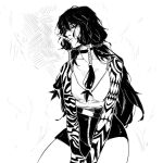  1girl arm_tattoo arms_between_legs belt breasts choker cigarette cleavage closed_eyes commentary crop_top english_commentary hair_tubes head_tilt highres long_hair monochrome original shorts sidelocks sitting sketch solo tattoo thighs universum_comics 