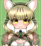  1girl animal_ears bare_shoulders camouflage cat_ears cat_girl extra_ears green_background green_eyes grey_hair highres hikarikmy jungle_cat_(kemono_friends) kemono_friends kemono_friends_v_project long_hair looking_at_viewer microphone ribbon shirt simple_background solo suspenders twintails upper_body virtual_youtuber 