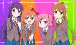  4girls blue_eyes blue_skirt bow brown_hair doki_doki_literature_club green_eyes hair_bow hair_ribbon highres kinou_natu long_hair monika_(doki_doki_literature_club) multicolored_background multiple_girls natsuki_(doki_doki_literature_club) orange_hair pink_eyes pink_hair ponytail purple_eyes purple_hair red_ribbon ribbon sayori_(doki_doki_literature_club) school_uniform short_hair skirt upper_body yuri_(doki_doki_literature_club) 