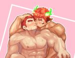  2boys =_= abs animal_ears bara blush brown_hair completely_nude couple cow_boy cow_ears cow_horns eye_black facial_hair fiery_horns forked_eyebrows glowing_horns goatee hand_in_another&#039;s_hair horns imminent_kiss implied_handjob large_pectorals male_focus multiple_boys muscular muscular_male nipples noses_touching nude pectorals pink_background ragi_san_(ononokomachiimo) short_hair sideburns smile stomach tamamura_gunzo thick_eyebrows tokyo_afterschool_summoners v-shaped_eyebrows very_sweaty wakan_tanka yaoi 