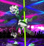  absurd_res anthro caliluminos dancing equid equine genitals hi_res invalid_tag male mammal penis pole pole_dancing rave retro solo ych zebra 