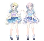  2girls :d absurdres black_footwear blonde_hair blue_eyes blue_shirt blue_skirt bobby_socks closed_mouth collared_shirt commentary_request full_body grey_hair hair_ornament hairclip hand_on_own_hip heart heart_hands heart_hands_duo heterochromia highres long_hair mizuki_yuuma multiple_girls original pleated_skirt red_eyes shirt shoes short_sleeves simple_background skirt smile socks standing twintails very_long_hair white_background white_socks 