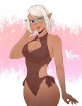 1girl artist_name black_one-piece_swimsuit breasts cleavage_cutout clothing_cutout commission cowboy_shot dark-skinned_female dark_skin elezen elf facial_mark final_fantasy final_fantasy_xiv heterochromia highres koyorin large_breasts lips one-piece_swimsuit parted_bangs pointy_ears purple_eyes short_hair solo swimsuit warrior_of_light_(ff14) white_hair yellow_eyes 