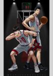  2boys armband ball basketball basketball_(object) basketball_jersey basketball_uniform biceps black_hair blackbox_(blackbox9158) border eyebrow_cut full_body hand_on_own_hip holding holding_ball jersey kneehighs male_focus multiple_boys rukawa_kaede sendou_akira serious shoes short_hair shorts slam_dunk_(series) sleeveless smile sneakers socks sportswear sweat white_border 