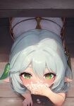  1girl absurdres after_fellatio blush covering_mouth cum cum_in_mouth cum_on_hands cum_overflow cumdrip dress elf fellatio genshin_impact grey_eyes heart heart-shaped_pupils highres looking_at_viewer nahida_(genshin_impact) oral pointy_ears pov stealth_fellatio stealth_sex symbol-shaped_pupils table under_table white_dress white_hair 