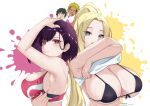  2girls absurdres amai-pai areola_slip armpits beatrix_amerhauser bikini blonde_hair blue_eyes breasts cleavage clothes_lift front-tie_top high_ponytail highres large_breasts long_hair looking_at_viewer medium_hair micro_bikini mikazuki_shizuka multiple_girls pink_sports_bra purple_hair shirt_lift sideboob smile sports_bra swimsuit upper_body zom_100:_zombie_ni_naru_made_ni_shitai_100_no_koto 