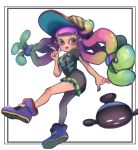  1girl absurdres baseball_cap black_shirt blunt_bangs blush colored_eyelashes commentary_request eyelashes fish floating_hair full_body gradient_hair green_eyes green_hair green_skirt hair_ornament hand_up harmony&#039;s_clownfish_(splatoon) harmony_(splatoon) hat high_tops highres long_hair looking_at_viewer miniskirt moromi_(kscd4482) multicolored_clothes multicolored_hair multicolored_headwear open_mouth pink_hair pleated_skirt purple_footwear shirt shoes short_sleeves simple_background skirt sneakers solo splatoon_(series) splatoon_3 striped striped_headwear t-shirt tentacle_hair very_long_hair white_background 