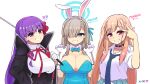  3girls :d absurdres animal_ear_headwear animal_ears asuna_(blue_archive) asuna_(bunny)_(blue_archive) asymmetrical_bangs bare_shoulders bb_(fate) bb_(fate/extra) black_coat black_necktie blue_archive blue_bow blue_eyes blue_leotard blue_skirt blunt_bangs bow bowtie breast_pocket breasts character_name coat collarbone collared_shirt commentary crossover detached_collar elbow_gloves english_commentary fake_animal_ears fate/extra fate/extra_ccc fate_(series) gloves grey_hair grin hair_between_eyes hair_bow hair_ribbon hairband halo highres holding holding_stick kitagawa_marin large_breasts leotard light_brown_hair long_bangs long_hair long_sleeves looking_at_viewer mole mole_under_eye multiple_crossover multiple_girls nail_polish necktie official_alternate_costume open_clothes open_coat parted_bangs pendant_choker pink_nails plaid plaid_skirt playboy_bunny pleated_skirt pocket purple_eyes purple_hair rabbit_ears red_bow red_bowtie ribbon school_uniform shirt sidelocks simple_background skirt sleeveless sleeves_rolled_up smile sono_bisque_doll_wa_koi_wo_suru stick strapless strapless_leotard synapseproperty white_background white_gloves white_shirt 