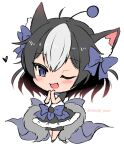  1girl ;d animal_ear_fluff animal_ears black_footwear black_hair black_shorts black_skirt blue_bow blue_eyes blush bow chibi commentary_request frilled_skirt frills full_body grey_hair hair_between_eyes hair_bow hands_up heart looking_at_viewer moochasu multicolored_hair multiple_tails noai_nioshi one_eye_closed shirt shoes short_sleeves shorts shorts_under_skirt simple_background skirt smile solo standing tail towelket_wo_mou_ichido twitter_username two-tone_hair two_tails white_background white_shirt 