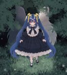  1girl 2tsubu aged_down angel_wings asymmetrical_wings black_bow black_dress blue_hair bow child collar dizzy_(guilty_gear) dress feathered_wings female_child frilled_collar frilled_dress frilled_skirt frills full_body grass guilty_gear hair_bow highres long_hair looking_at_viewer monster_girl nature puffy_short_sleeves puffy_sleeves red_eyes ribbon short_sleeves sidelocks skirt solo tail tail_ornament tail_ribbon twintails wings yellow_bow 