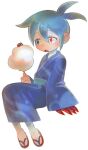  1boy antenna_hair blue_eyes blue_hair blue_kimono bone_(stare) bug claws cotton_candy food hair_between_eyes heterochromia holding holding_food japanese_clothes kimono ladybug male_focus open_mouth puyopuyo puyopuyo_fever red_eyes sandals short_hair sig_(puyopuyo) simple_background socks solo white_background white_socks 