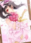  1girl bare_shoulders black_hair blush bow covering_mouth dress dress_bow flower hair_between_eyes hair_ornament hazuki_natsu heart heart-shaped_pupils holding holding_flower looking_at_viewer love_live! love_live!_school_idol_project petals red_eyes red_flower red_rose rose solo strapless strapless_dress symbol-shaped_pupils twintails yazawa_nico 