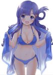  1girl :d asari_nanami backlighting beach_towel bikini blue_bikini blue_eyes blue_hair blue_towel blush breasts collarbone dot_nose fish_hair_ornament hair_ornament hair_rings highres holding holding_towel idolmaster idolmaster_cinderella_girls idolmaster_cinderella_girls_starlight_stage kaishinshi long_hair looking_at_viewer medium_breasts navel o-ring o-ring_bikini open_mouth side-tie_bikini_bottom simple_background smile solo standing swimsuit towel very_long_hair white_background 