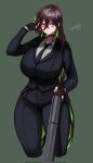  1girl :/ alternate_costume arm_up black_gloves black_jacket black_necktie black_pants breasts brown_hair character_name choker collared_shirt colored_inner_hair cropped_legs dml fingerless_gloves formal gloves goddess_of_victory:_nikke green_background green_hair guilty_(nikke) gun hair_between_eyes highres holding holding_hair holding_weapon huge_breasts jacket lips long_hair multicolored_hair necktie pants pink_eyes shirt shotgun sidelocks solo suit two-tone_hair very_long_hair weapon white_shirt wide_hips 