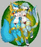  anthro big_tail bikini blue_body blue_fur breasts canid canine canis clothed clothing duo eternity-zinogre female female/female fluffy fluffy_tail fur hi_res jewelry leg_jewelry looking_at_viewer mammal necklace nipples nude partially_clothed skimpy swimwear tail wolf womb_tattoo 
