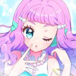  1girl blue_eyes commentary fins head_fins highres laura_la_mer long_hair one_eye_closed open_mouth pearl_hair_ornament pink_hair precure rii_(rii0_02) short_bangs solo thick_eyebrows tropical-rouge!_precure 