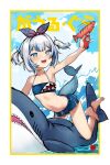  +_+ 1girl barefoot bikini blue_bikini blue_eyes blue_hair blue_shorts blunt_bangs blush bow breasts cleavage cube_hair_ornament fins fish_tail gawr_gura gradient_bow grey_hair hair_bow hair_ornament highres hololive hololive_english looking_at_viewer midriff navel open_mouth robot_cat_(robotcatart) shark_girl shark_print shark_tail shorts sidelocks small_breasts smile swimsuit tail two_side_up virtual_youtuber water 