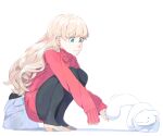  1girl akinbo_(hyouka_fuyou) another_eden bag blonde_hair closed_mouth commentary creature full_body green_eyes high_heels highres long_hair pantyhose red_sweater simple_background sleeves_past_wrists solo sweater thillelille_(another_eden) white_background 