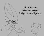  2_horns ambiguous_gender animal_humanoid anthro arthropod arthropod_humanoid black_eyes dialogue dooblebugs duo english_text female_(lore) fur grey_background hollow_knight horn hornet_(hollow_knight) humanoid nonbinary_(lore) simple_background sketch team_cherry text the_knight_(hollow_knight) vessel_(species) 